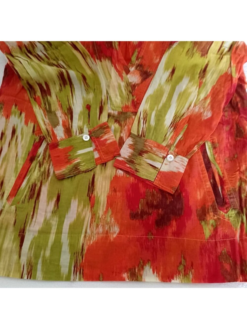 Talbots Tunic Blouse Cotton Silk Abstract Watercolor Orange Green V-Neck Wms 10P - Picture 4 of 11
